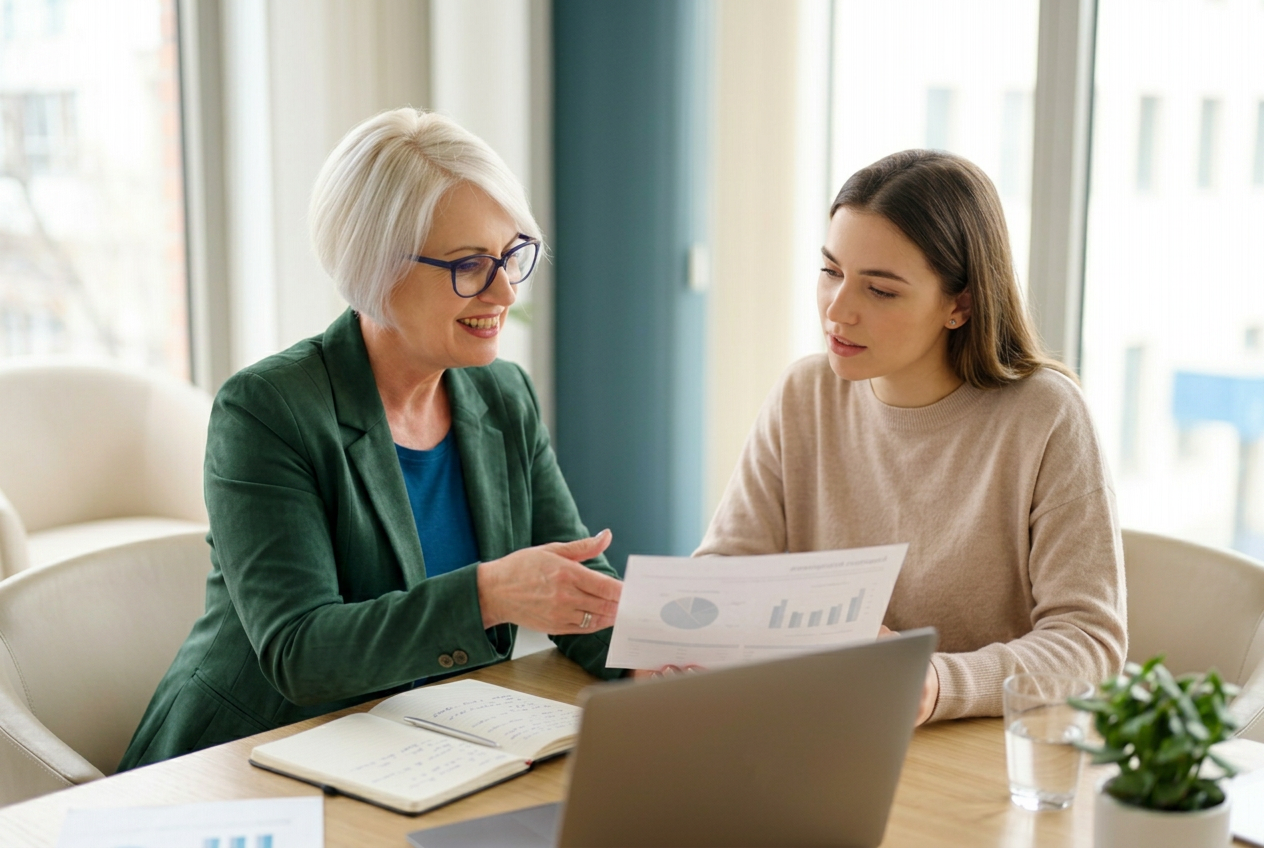 Mentorka a klientka v tichém rozhovoru nad tištěným finančním přehledem — autentický moment finančního vzdělávání